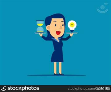Business woman holding hourglass and Money. Concept business time and money vector illustration, Cute cartoon character style