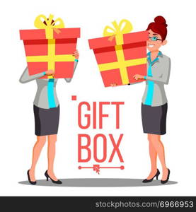 Business Woman Holding Red Gift Box Vetor. Holidays Present Concept. Illustration. Business Woman Holding Red Gift Box Vetor. Holidays Present Concept. Isolated Illustration