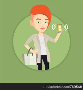 Business woman holding ringing mobile phone. Woman answering a phone call. Business woman standing with ringing phone in hand. Vector flat design illustration in the circle isolated on background.. Woman holding ringing mobile phone.