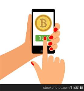 Business woman holding smartphone with Bitcoin, vector illustration. Woman holding smartphone with Bitcoin