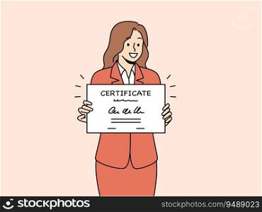 Business woman holds certificate confirming completion of professional courses and additional education. Smiling girl rejoices at receiving certificate after passing business training. Business woman holds certificate confirming completion of professional education courses