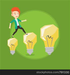 Business woman hopping onto idea light bulbs. Caucasian business woman jumping on idea light bulbs. Concept of business idea. Vector flat design illustration in the circle isolated on background.. Business woman jumping on light bulbs.