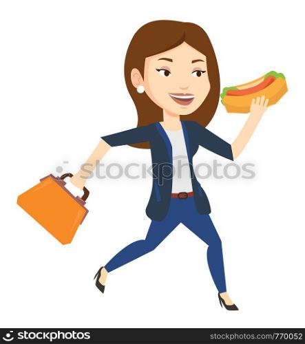 Business woman in a hurry eating hot dog. Business woman with briefcase eating on the run. Young business woman running and eating hot dog. Vector flat design illustration isolated on white background. Business woman eating hot dog vector illustration.