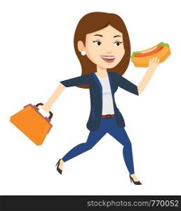 Business woman in a hurry eating hot dog. Business woman with briefcase eating on the run. Young business woman running and eating hot dog. Vector flat design illustration isolated on white background. Business woman eating hot dog vector illustration.