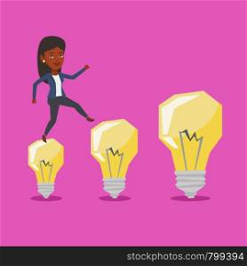 Business woman in a suit hopping onto idea light bulbs. An african-american cheerful business woman jumping on idea bulbs. Concept of business idea. Vector flat design illustration. Square layout.. Business woman jumping on idea light bulbs.