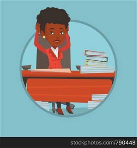 Business woman in despair sitting at workplace with heaps of papers. Business woman sitting at the desk with stacks of papers. Vector flat design illustration in the circle isolated on background.. Despair business woman sitting in office.