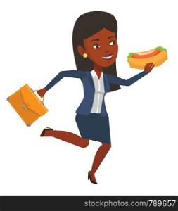 Business woman in hurry eating hot dog. Businesswoman with briefcase eating on the run. Woman in business suit running and eating hot dog. Vector flat design illustration isolated on white background.. Business woman eating hot dog vector illustration.