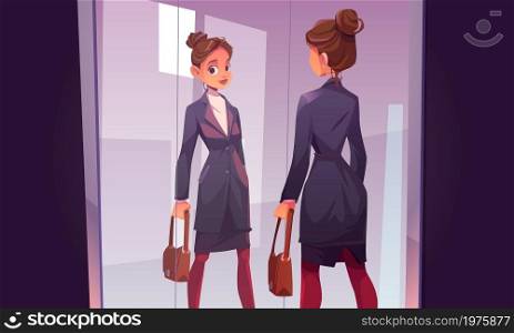 Business woman in office outfit looks in big mirror. Vector cartoon illustration of beautiful professional worker girl or businesswoman with bag looking on self in mirror. Business woman looks in big mirror