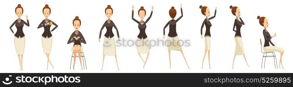 Business Woman In Various Poses Set. Set of various poses of business woman with emotions on face cartoon style isolated vector illustration