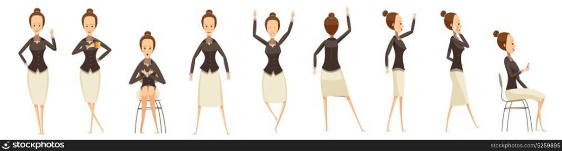 Business Woman In Various Poses Set. Set of various poses of business woman with emotions on face cartoon style isolated vector illustration