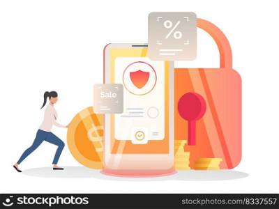 Business woman inserting coin into smartphone. Mobile phone, money, lock, shield. Security concept. Vector illustration for layouts, landing pages, website templates