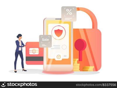 Business woman inserting credit card into smartphone. Mobile phone, lock, secure payment. Security concept. Vector illustration for layouts, landing pages, website templates