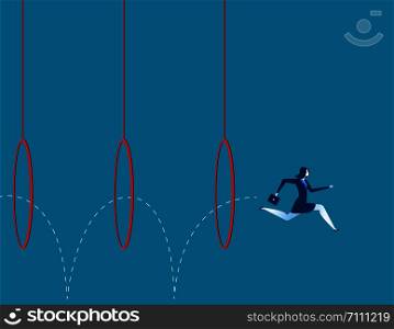 Business woman jumping through hoops. Concept business illustration. Vector flat