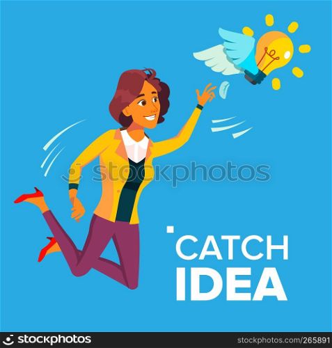 Business Woman Jumps And Tries To Catch Idea Vector, Yellow Light Bulb Flying. Illustration. Business Woman Jumps And Tries To Catch Idea Vector, Yellow Light Bulb Flying On Wings. Illustration