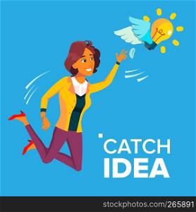 Business Woman Jumps And Tries To Catch Idea Vector, Yellow Light Bulb Flying. Illustration. Business Woman Jumps And Tries To Catch Idea Vector, Yellow Light Bulb Flying On Wings. Illustration