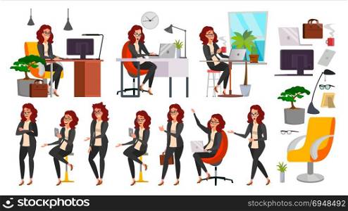 Business Woman Lady Character Vector. Working Female In Action. IT Startup Business Company. Clerk In Office Clothes. Desk. Full Length. Girl Programmer. Expressions. Business Character Illustration. Business Woman Character Set Vector. Working People Poses Set. Girl Boss In Action. Creative Studio. Teamwork. Modern Business Office. Female In Situation. Programmer, Designer. Character Illustration