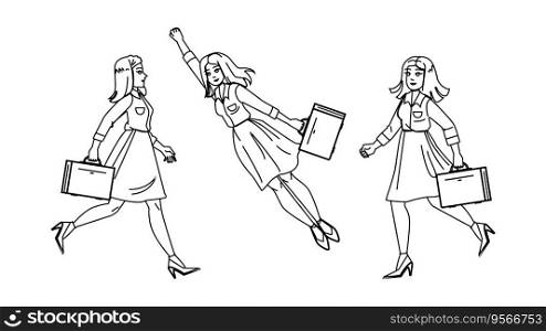 business woman late vector. office professional, work women, young person, worker suit, job deadline business woman late character. people black line illustration. business woman late vector