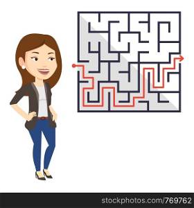 Business woman looking at labyrinth with solution. Caucasian businessman thinking about business solution. Business solution concept. Vector flat design illustration isolated on white background.. Business woman looking at labyrinth with solution.
