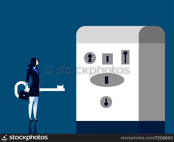 Business woman looking at treasure chest with several keyholes. Concept business illustration. Vector flat.