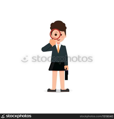 Business woman looking through a magnifying glass , cartoon character Flat style vector illustration.