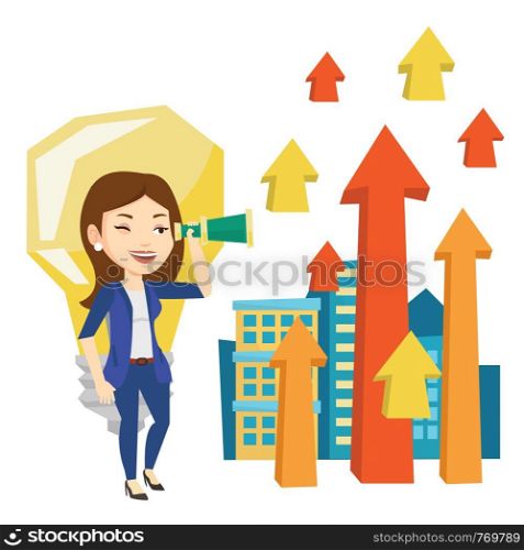 Business woman looking through spyglass at arrows going up and idea bulb. Business woman looking for creative idea. Business idea concept. Vector flat design illustration isolated on white background.. Woman looking through spyglass on raising arrows.