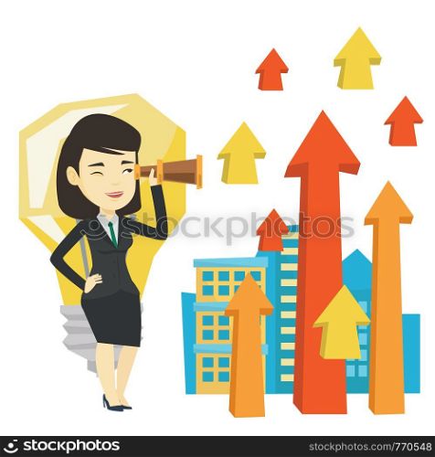 Business woman looking through spyglass at arrows going up and idea light bulb. Business woman looking for idea. Business idea concept. Vector flat design illustration isolated on white background.. Woman looking through spyglass on raising arrows.
