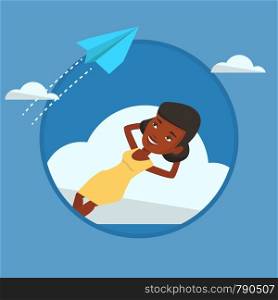 Business woman lying on a cloud and looking at flying paper plane. Business woman relaxing on a cloud. Woman resting on a cloud. Vector flat design illustration in the circle isolated on background.. Business woman lying on cloud vector illustration.