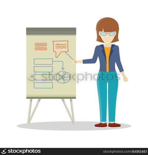 Business Woman Making a Presentation. Business woman with brown hair making a presentation in front of whiteboard with infographics. Development of algorithm steps. Smiling young woman personage in flat isolated on white background.