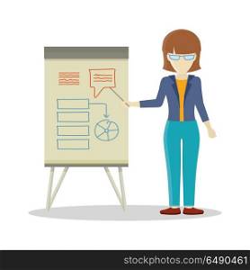 Business Woman Making a Presentation. Business woman with brown hair making a presentation in front of whiteboard with infographics. Development of algorithm steps. Smiling young woman personage in flat isolated on white background.