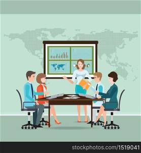 Business woman making presentation explaining charts on board. Business seminar, Business meeting, teamwork, planning, conference, brainstorming in flat style, cartoon conceptual vector illustration.