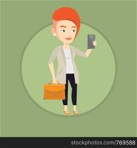 Business woman making selfie. Business woman taking photo with cellphone. Business woman looking at smartphone and taking selfie. Vector flat design illustration in the circle isolated on background.. Business woman making selfie vector illustration.