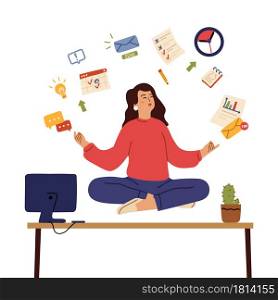 Business woman meditate. Calm emotions, healing body and mind on office. Girl control stress yoga meditation, balance vector concept. Exercise awareness and meditate relax, calm in office illustration. Business woman meditate. Calm emotions, healing body and mind on office. Girl control stress with yoga meditation, balance vector concept