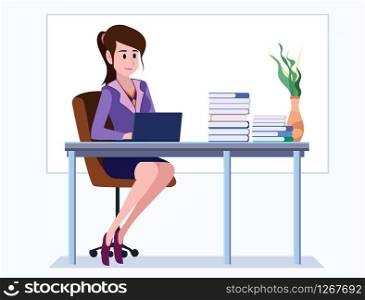 Business woman Office cartoon characters. People sit and work at morning. Illustration vector, Board background.