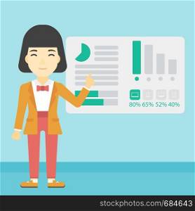 Business woman pointing at charts on a board during business presentation. Woman giving a business presentation. Business presentation in progress. Vector flat design illustration. Square layout.. Businesswoman making business presentation.