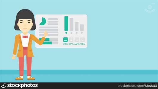 Business woman pointing at charts on a board during business presentation. Woman giving a business presentation. Business presentation in progress. Vector flat design illustration. Horizontal layout.. Businesswoman making business presentation.