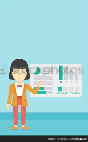 Business woman pointing at charts on a board during business presentation. Woman giving a business presentation. Business presentation in progress. Vector flat design illustration. Vertical layout.. Businesswoman making business presentation.