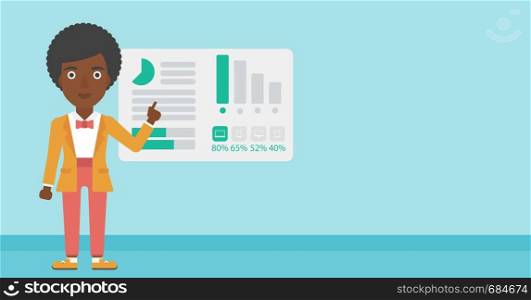 Business woman pointing at charts on a board during business presentation. Woman giving a business presentation. Business presentation in progress. Vector flat design illustration. Horizontal layout.. Businesswoman making business presentation.