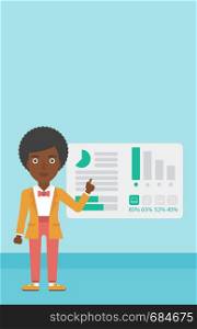 Business woman pointing at charts on a board during business presentation. Woman giving a business presentation. Business presentation in progress. Vector flat design illustration. Vertical layout.. Businesswoman making business presentation.