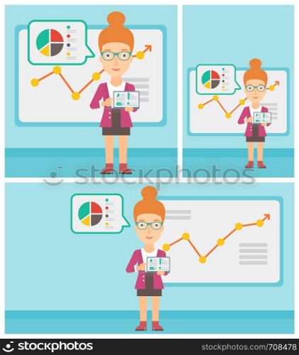 Business woman pointing at charts on laptop screen. Woman presenting report with a laptop on the background of board with graph. Vector flat design illustration. Square, horizontal, vertical layouts.. Business woman presenting report on a laptop.