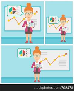 Business woman pointing at charts on laptop screen. Woman presenting report with a laptop on the background of board with graph. Vector flat design illustration. Square, horizontal, vertical layouts.. Business woman presenting report on a laptop.
