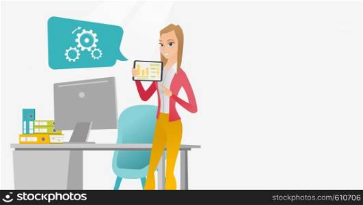 Business woman pointing at charts on tablet during presentation. Woman giving business presentation on digital tablet. Business technologies concept. Vector flat design illustration. Horizontal layout. Businesswoman presenting report on digital tablet.