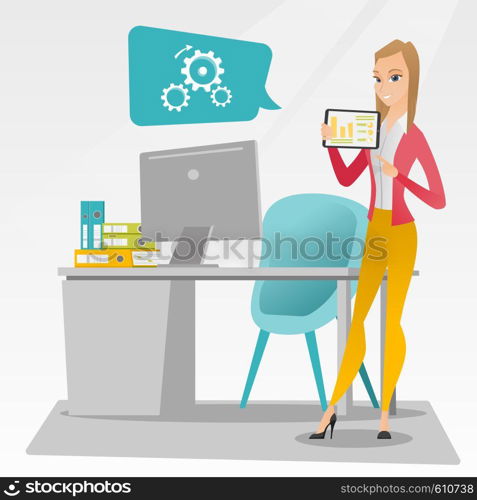 Business woman pointing at charts on tablet during presentation. Woman giving business presentation on digital tablet. Business technologies concept. Vector flat design illustration. Square layout.. Businesswoman presenting report on digital tablet.