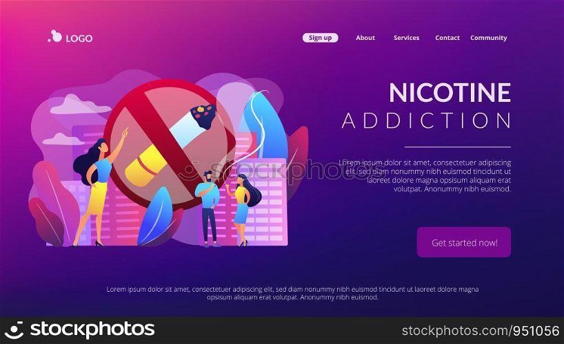 Business woman pointing at no smoking sign and people with cigarettes. Smoking cigarettes, nicotine addiction, smoking health risks concept. Website vibrant violet landing web page template.. Smoking cigarettes concept landing page.