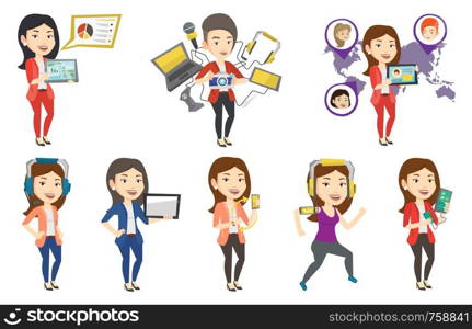 Business woman pointing at the charts on digital tablet screen. Caucasian business woman presenting report on a digital tablet. Set of vector flat design illustrations isolated on white background.. Vector set of people using modern technologies.