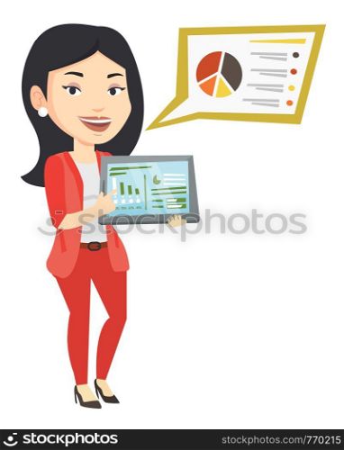 Business woman pointing at the charts on tablet computer screen. Young caucasian business woman presenting report on a digital tablet. Vector flat design illustration isolated on white background.. Businesswoman presenting report on tablet computer