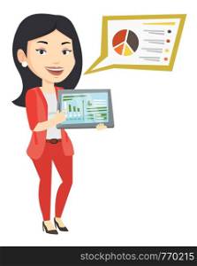 Business woman pointing at the charts on tablet computer screen. Young caucasian business woman presenting report on a digital tablet. Vector flat design illustration isolated on white background.. Businesswoman presenting report on tablet computer