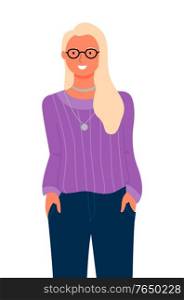 Business woman portrait, isolated blonde lady in glasses. Vector pretty female in purple sweater and trousers, cartoon style girl full length, smart manager. Business Woman Portrait, Isolated Blonde Lady