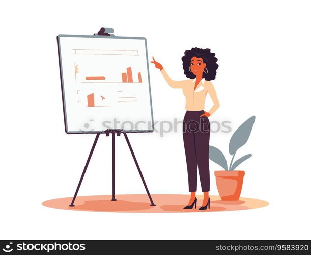 Business woman presenting on flipchart. Vector illustration in flat cartoon style.