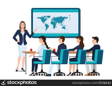 Business woman presenting on whiteboard with business people sitting on presentation at office, business presentation conceptual vector illustration.