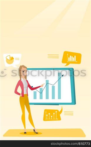 Business woman presenting review of financial data. Business woman pointing at board with financial data. Business woman explaining financial data. Vector flat design illustration. Vertical layout.. Businesswoman presenting review of financial data.